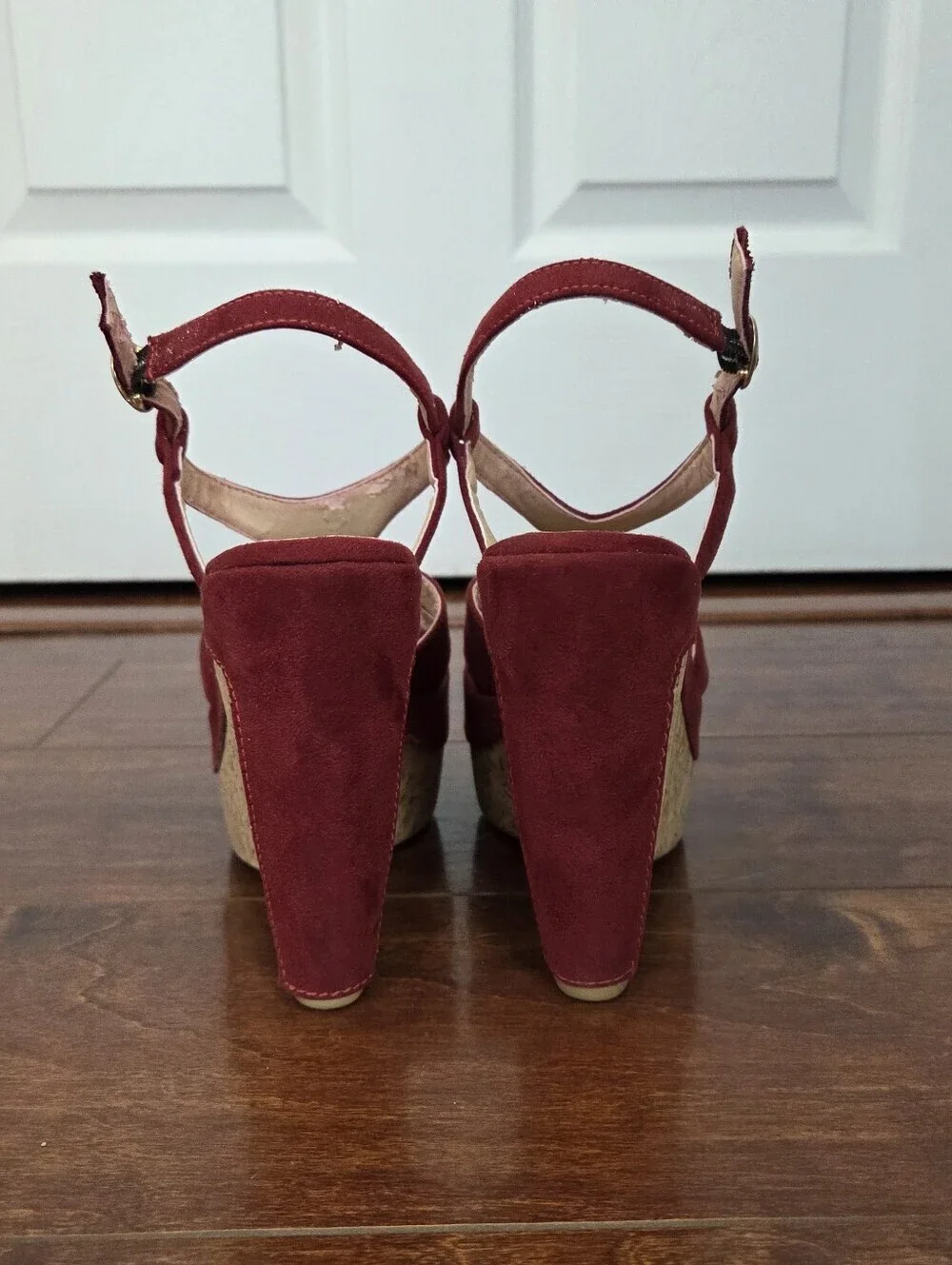ANDREA Red Microsuede Cork Platform Wedge Sandals with Ankle Straps Size 7